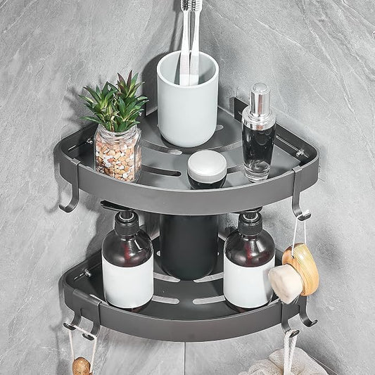DUFU Adhesive Corner Shower Caddy with Hooks,Bathroom Shower Organizer, No Drilling Rust Proof Aluminum Shower Shelf for Inside Shower 2 Pack (Grey)