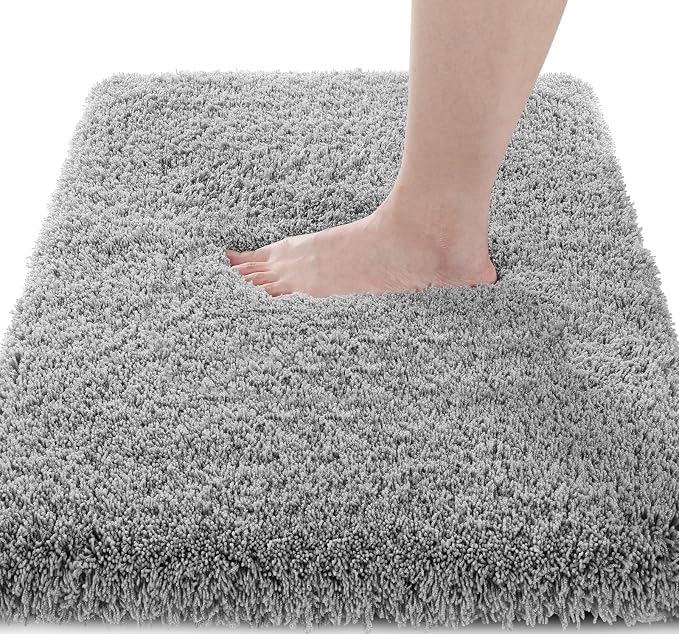 Yimobra Fluffy Plush Bath Rug, Super Shaggy Soft Comfortable Non Slip, Water Absorbent Microfiber Bath Mat, Dries Quickly, Machine Washable Thick Bathroom Rugs for Shower, 56" X 24", Pure Gray