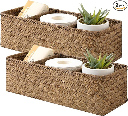 StorageWorks Toilet Paper Baskets for Shelves, 3-Section Wicker Baskets Storage, Back of Toilet Basket for Tank Topper, Counter, Pantry, Living Room Decor, 2 Pack Seagrass Basket