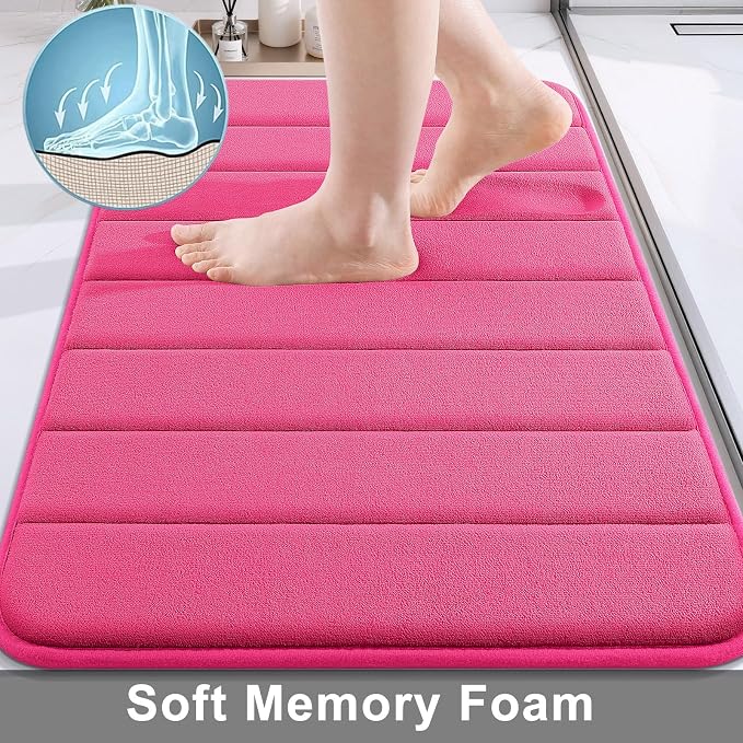Buganda Memory Foam Bath Mat 35.4 x 24, Ultra Soft Absorbent Bathroom Rugs | Deep Pink, Machine Washable Quick Dry Bath Mats for Bathroom Floor, Shower and Tub, Home Decor Accessories