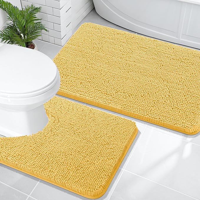 OLANLY Chenille Bathroom Rugs Mats Sets 2 Piece, 36"x24"+24"x20", Yellow | Soft Absorbent Bath Mat and U-Shaped Contour Toilet Rug Set, Quick Dry, Machine Washable Bath Carpet, Home Decor Accessories