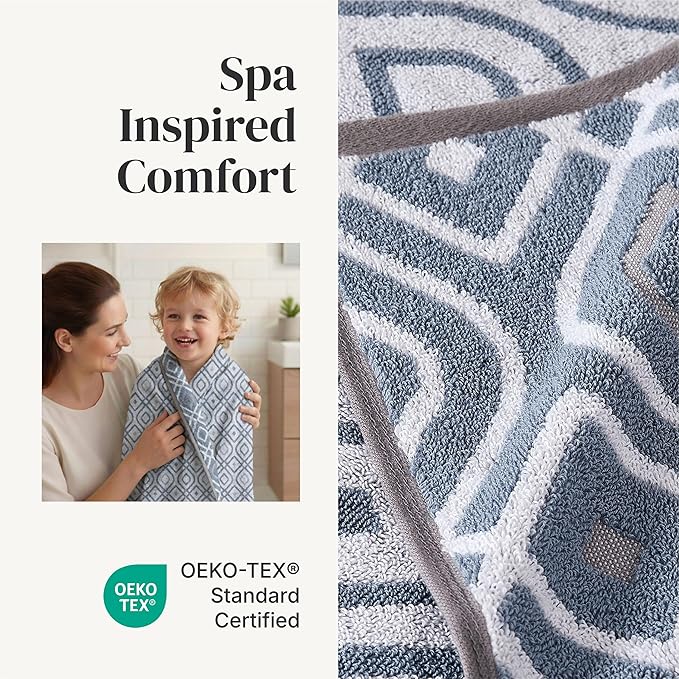 Modern Threads 6 Piece Bath Towel Set – Bathroom Set with 2 Bath Towels, 2 Hand Towels, and 2 Wash Cloths – 100% Cotton, Super Absorbent & Extra Soft – Reversible Classic Diamond (Blue)