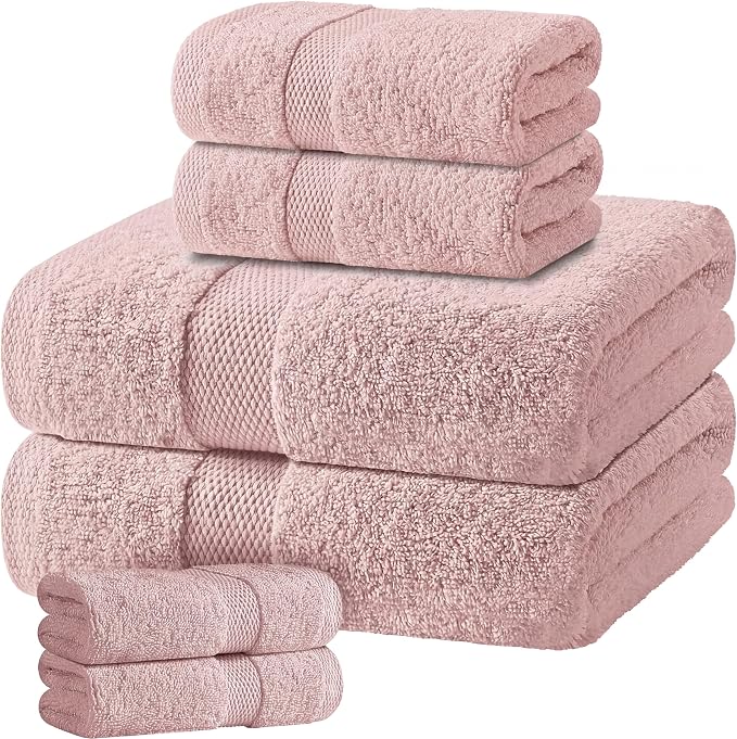 White Classic Pink Bath Towel Set of 6-100% Cotton Highly Absorbent Towels for Bathroom, 2 Luxury Bath Towels 650GSM, 2 Hand Towels, 2 Washcloths
