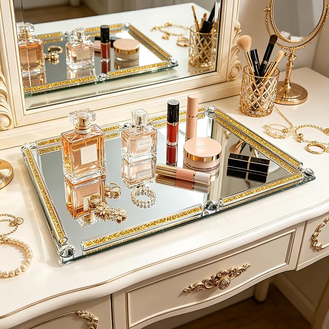 Large Mirror Perfume Tray for Dresser,Crushed Diamond Filled Glass Vanity Tray,Gold Decorative Bathroom Tray,Crystal Tray for Home Decorative,Party,Hotel Banquet,15.7x11.8x1.4inch,Gold