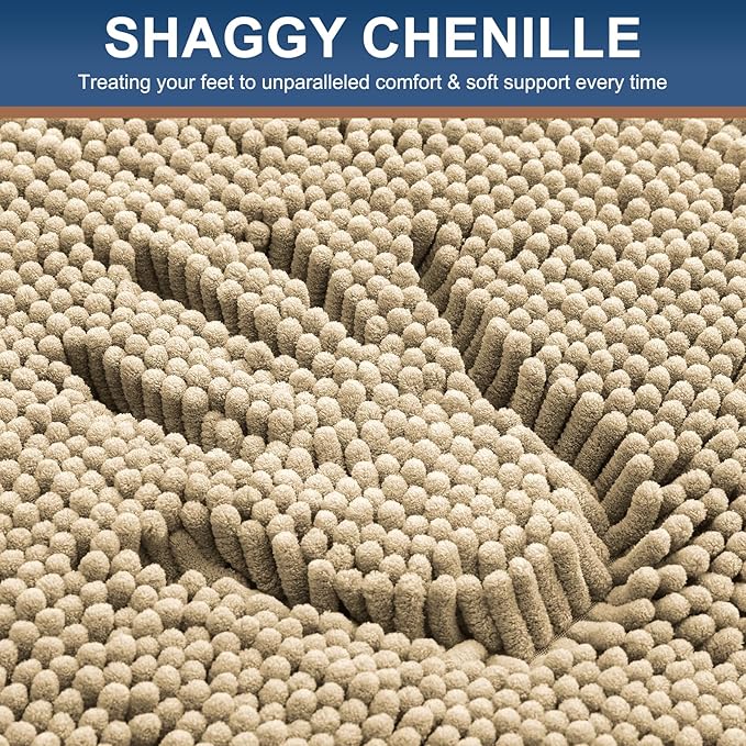Smiry Chenille Bathroom Rugs Sets 2 Piece (47x17+24x16, Beige) | Soft Absorbent Machine Washable Non Slip Shaggy Bath Rug Set for Tub, Shower, and Floor, Home Decor