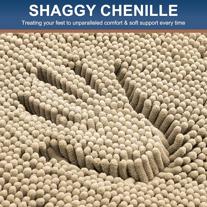 Smiry Chenille Bathroom Rugs Sets 2 Piece (47x20+24x16, Beige) | Soft Absorbent Machine Washable Non Slip Shaggy Bath Rug Set for Tub, Shower, and Floor, Home Decor