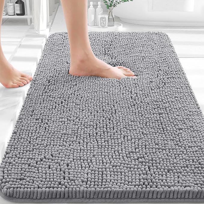 OLANLY Bathroom Rugs 32x20, Extra Soft Absorbent Chenille Bath Rugs | Grey, Quick-Drying Rubber Backing, Machine Washable Bath Mat for Bathroom Floor, Tub and Shower, Home Decor Accessories