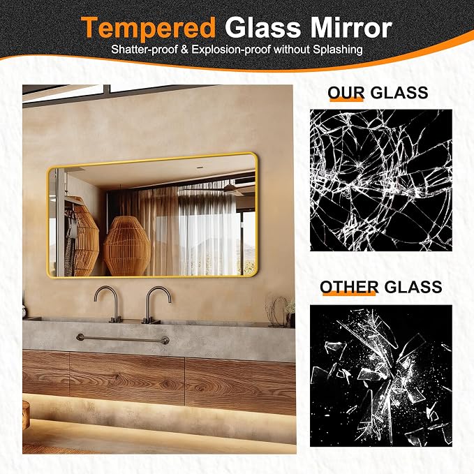 Delma Bathroom Vanity Mirror, Gold Framed Mirror for Over Sink, 50x30 | HD glass, distortion-free for makeup and grooming, Sturdy frame, all mounting hardware, hangs horizontal or vertical