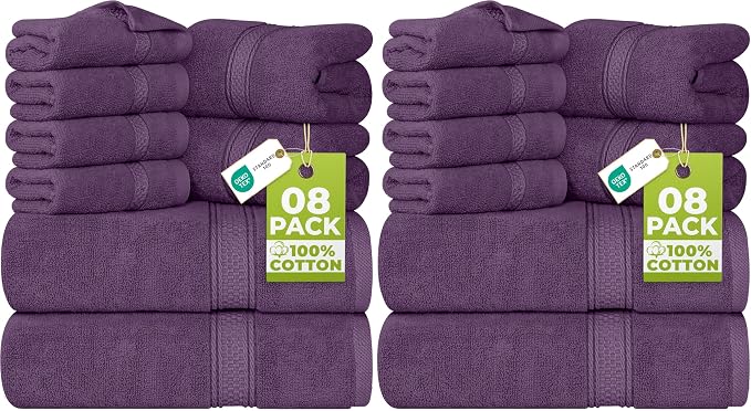 Utopia Towels 8 Piece Luxury Towel Set – Majestic Plush, Super Absorbent & Quicker-to-Dry, Thick 100% Ring Spun Cotton Towels for Bathroom, Spa & Hotel – 2 Bath, 2 Hand, 4 Washcloths, Plum (Pack of 2)