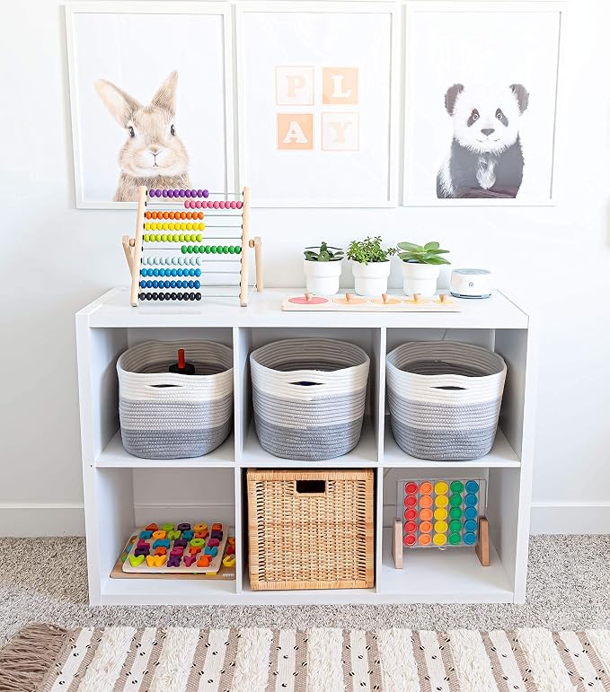 3-Toned Gray Cotton Rope Baskets for Shelves, Set of 3 - 15"×10"×9½" - Woven Storage Baskets for Organizing - Closet, Nursery, Bedroom, Playroom - Toys, Books, Towels, Clothes
