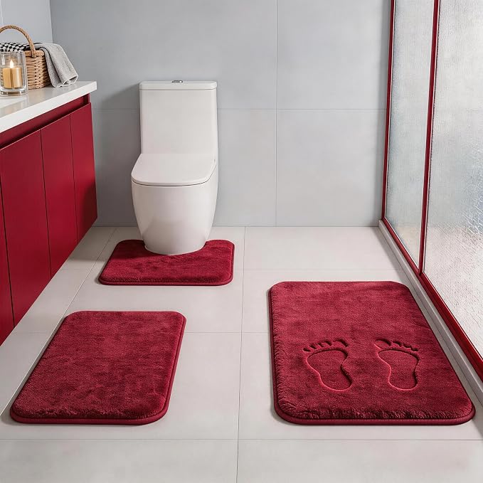RUN HELIX Bathroom Rugs Sets 3 Piece, Soft Absorbent Memory Foam Bath Mats Set, Dry Fast Bath Mat, Machine Washable Bath Rug Set for Bathroom （Christmas Red） Bathrom Decoration