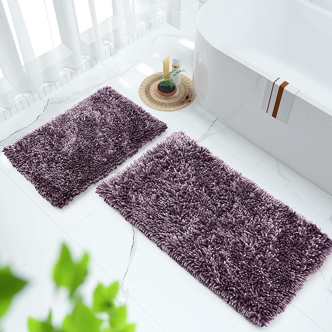 Yimobra Bathroom Rug Set 2 Piece, Luxury Shaggy Bath Mat Set with Non Slip Backing, Ultra Soft & Absorbent Mats for Bathroom Floor, Machine Washable, 44"x24"+24"x17", Dark Purple