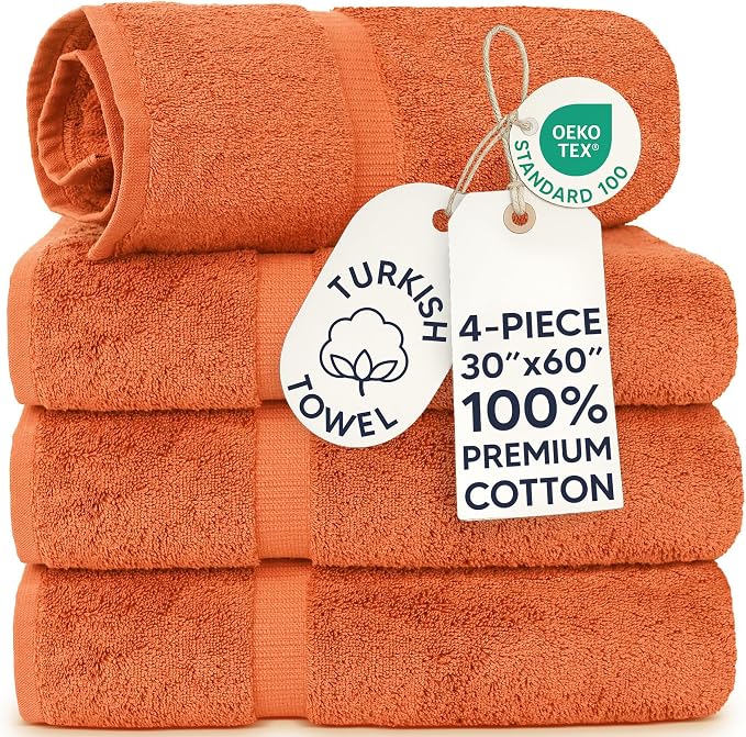 Chakir Turkish Linens 100% Cotton 4-Pack Bath Towels 30x60, Coral | 100% cotton bath towels, 30x60 extra large, OEKO-TEX certified, soft plush and absorbent