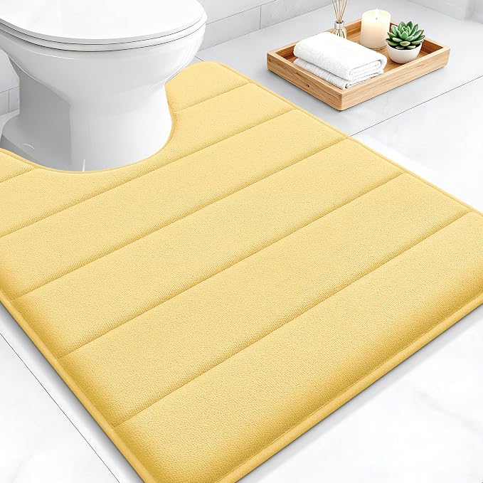 OLANLY Memory Foam Toilet Rugs U Shaped 24x20, Super Soft and Absorbent | Yellow, Quick Dry Commode Contour Bath Rugs, Machine Washable Toilet Mat, Comfortable Bathmat Carpet for Bathroom Floor