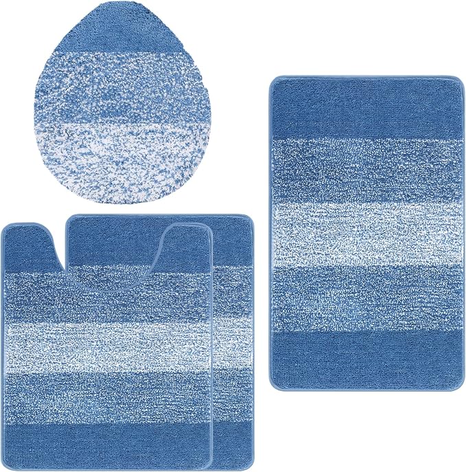Bsmathom Bathroom Rug Set 4 Piece, Plush Microfiber Bath Mat, Blue | Super Water Absorbent, Non Slip Machine Washable Bath Rug Sets with Toilet Lid Cover and U-shaped Contour Toilet Mat