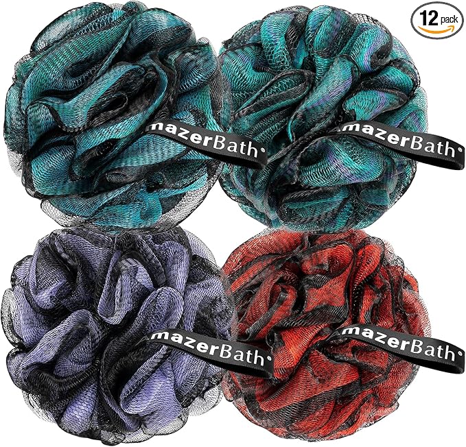 AmazerBath Charcoal Loofah Sponge, Shower Loofah 60g/PCS - Body Scrubber Loofa Set of 4 - Charcoal Blue, Green, Purple & Red, Bath Sponge for Men and Women (Pack of 3)