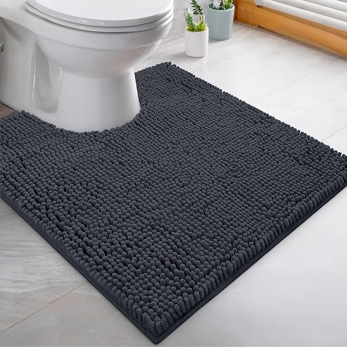 LuxUrux 4-Piece Bathroom Rug Set - Soft Chenille Mats, Non-Slip Toilet Mat & Lid Cover for Comfort & Style (20x20 U, 16x24, 20x30 & 19x19 inches, Charcoal)