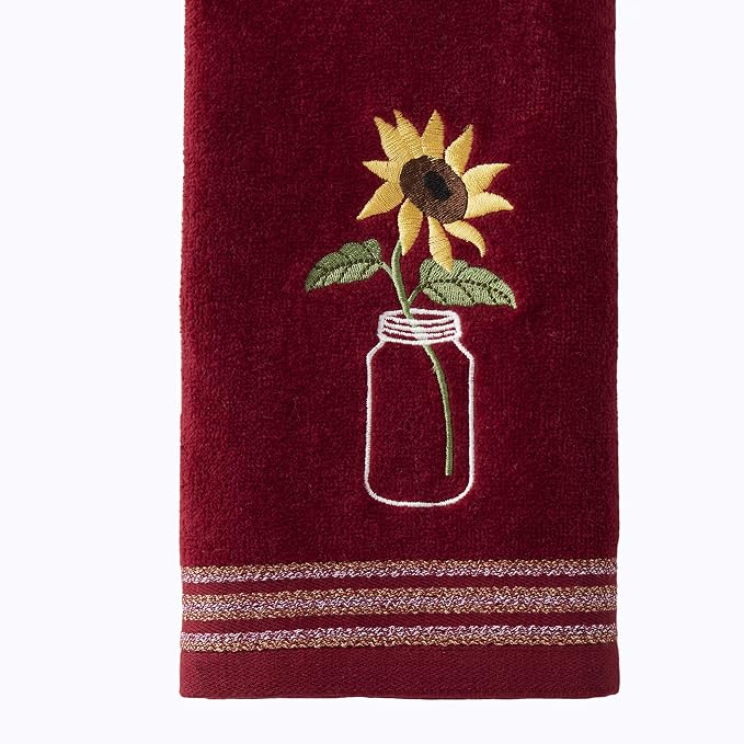 SKL Home by Saturday Knight Ltd. Sunflower In Jar 2 Pc Hand Towel Set, Wine | 100% Cotton. Soft, decorative velour. For use in the bathroom, kitchen or bar & makes a great gift.