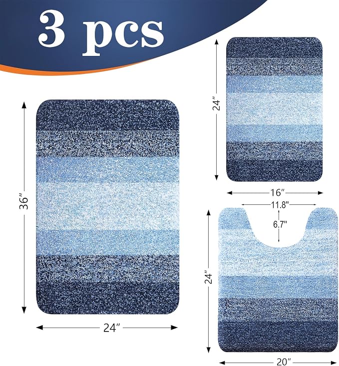 OLANLY Microfiber Bathroom Rugs Sets 3 Piece, 36"x24"+24"x16"+24"x20" | Navy, Soft Absorbent Bath Mats and U-Shaped Contour Toilet Rug, Plush Shaggy Bath Mat Set for Bathroom