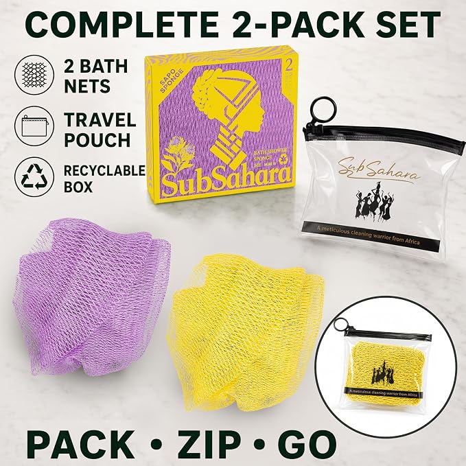 Authentic African Net Sponge,2Pack 45In Exfoliating Bath Sponge and Shower Loofah for Body and Back,Colorfast Quick-Dry Knotted Mesh Scrubber with Travel Pouch(Lavender purple&Bright yellow)