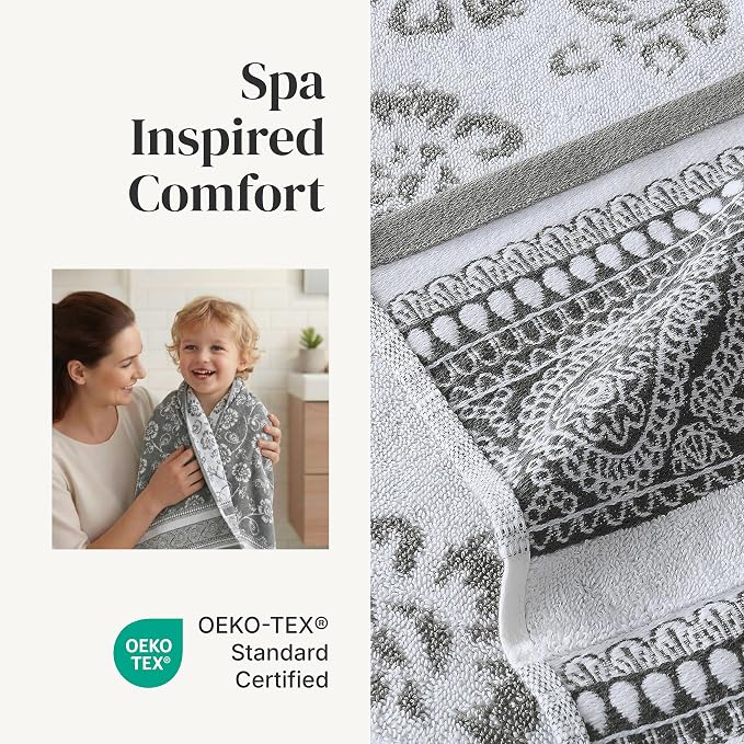 Modern Threads 6 Piece Bath Towel Set – Bathroom Set with 2 Bath Towels, 2 Hand Towels, and 2 Wash Cloths – 100% Cotton, Super Absorbent & Extra Soft – Reversible Floral Trail (Gray)