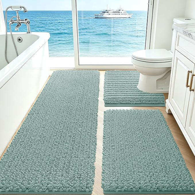 ACCUMTEK Upgrade Extra Eggshell Blue Bathroom Rug Set 3 Pieces Ultra Soft, Thick Absorbent Bath Mats, Non Slip Chenille Toilet Mat for Bathroom, Bedroom, Kitchen