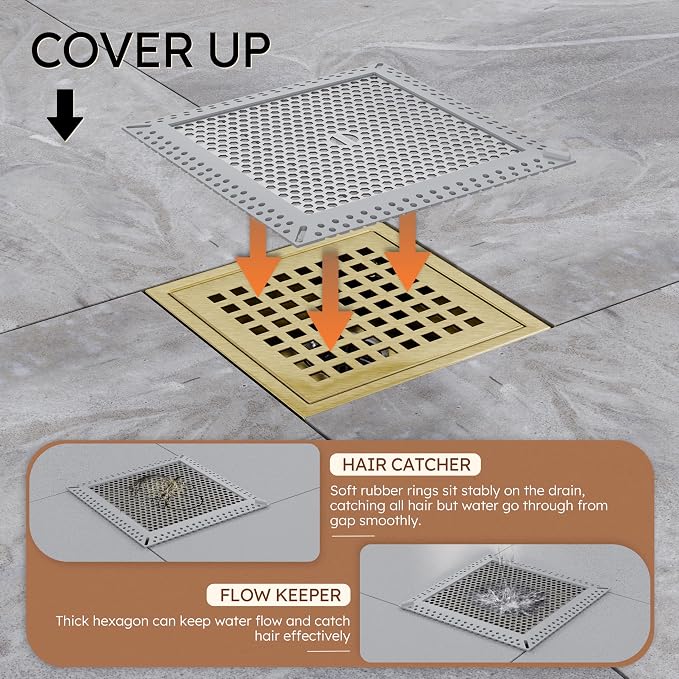 6 Inch Square Gold Shower Drain with Flange,Modern Floor Drain with Quadrato Pattern Grate Removable,SUS 304 Stainless Steel