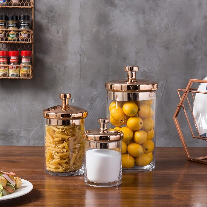 MyGift Glass Apothecary Cookie Jar Set with Copper Lid | Decorative Kitchen and Bath Storage Canisters, Wedding Centerpiece Jars, Candy Buffet with Lids