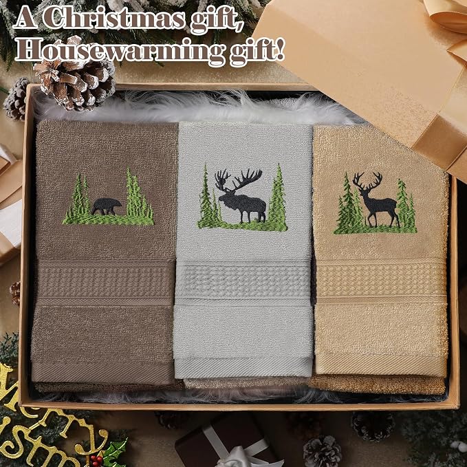 3 Pcs Farmhouse Cabin Bear Hand Towels Hand Towels for Bathroom | Embroidered Forest Moose Deer Design, 100% Cotton, Farmhouse Kitchen Holiday Decor, Absorbent Towels, Housewarming Gifts