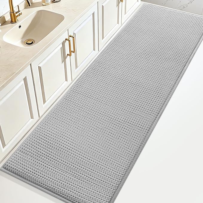 Memory Foam Bath Mat, Ultra Soft Absorbent Waffle Bathroom Rugs, Super Non-Slip PVC Backing Bath Rug Quick Dry, Machine Washable Rug for Tub, Shower, Home Decor Accessory, 60" x 24", Light Gray