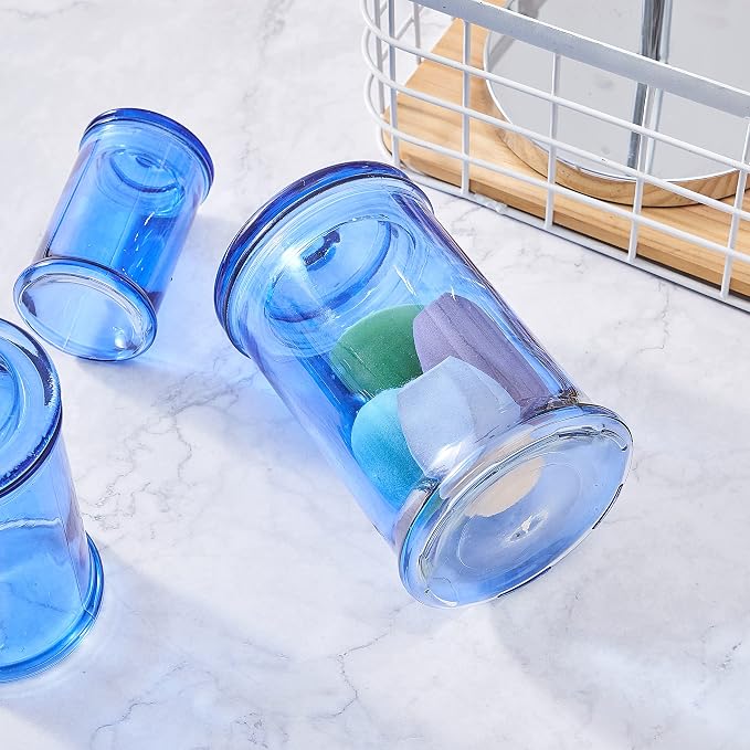 3PCs Set Small Glass Premium Quality Apothecary Jars with lids Bathroom Accessories Set for Laundry Room Storage Kitchen/Vanity Organizer Canisters for Cotton Balls, Sponges,Q-Tips(Blue jar)