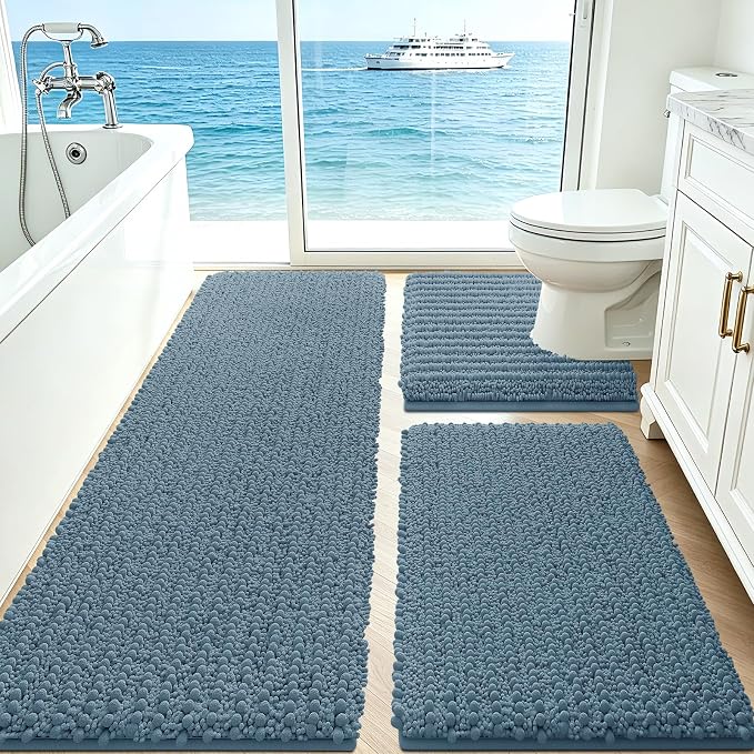 ACCUMTEK Upgrade Extra Large Haze Blue Bathroom Rug Set 3 Pieces Ultra Soft, Thick Absorbent Bath Mats, Non Slip Chenille Toilet Mat for Bathroom, Bedroom, Kitchen, Stone Blue