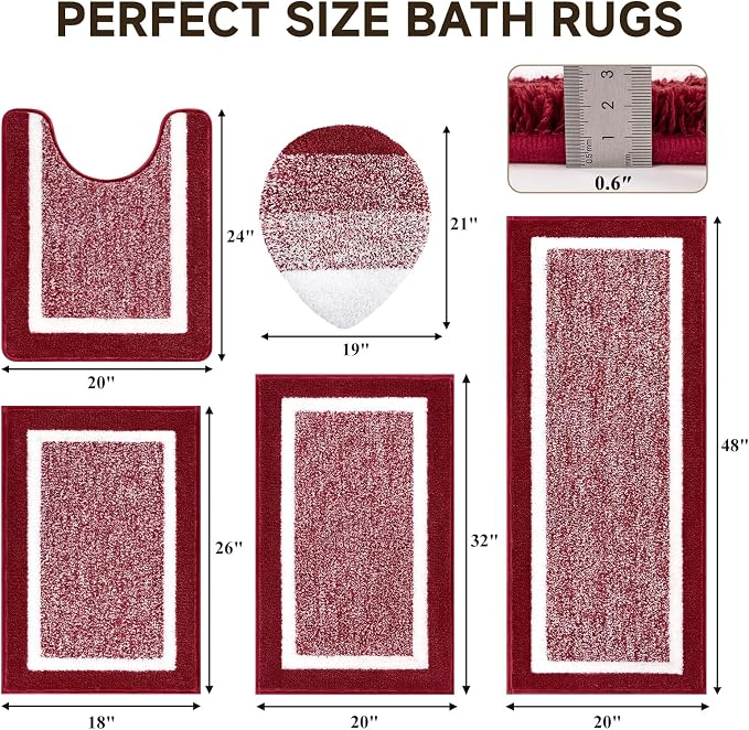 Pauwer Bathroom Rugs Set 5 Piece, Non Slip Microfiber Bath Mat, Red | Washable Bathroom Mat with U Shaped Toilet Rug, Long Shower Runner, Toilet Lid Cover, Quick Dry Absorbent Plush Floor Carpet