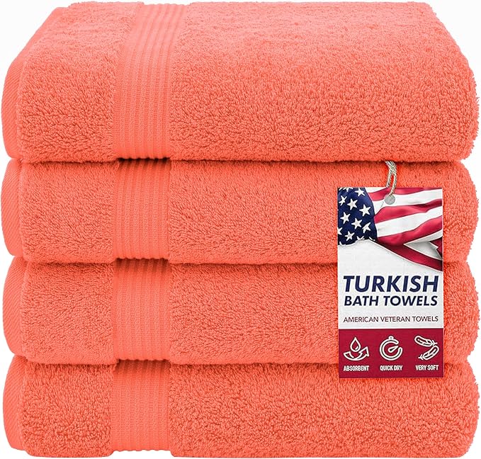 American Veteran Towel, 100% Cotton Turkish Bath Towels for Bathroom 4 Pack, 27x54 Extra Large Premium Soft Drying Bathroom Towels, Coral