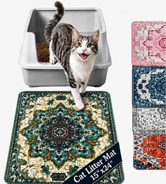 PUPIBOO Cat Litter Mat, Litter Trapping Mat, and Washable Cat Pee Pad | Cat litter box mat and cat food mat, 15x24in, 4-layer, OekoTex-, non-slip, washes up to 500 times