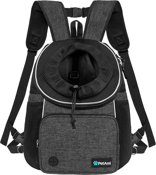 PetAmi Adjustable Dog & Cat Chest Carrier Backpack, Ventilated for Hiking & Camping, Small to Large Pets, Max 10 lbs, Dark Gray