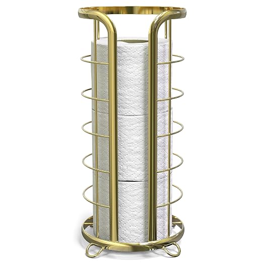 BROOKSTONE Toilet Paper Holder Stand Reserve - Free Standing Toilet Paper Stand with Storage that Holds Mega Rolls, Standing Bathroom Tissue Organizer, Bathroom Decor - Modern Storage Holder, Gold