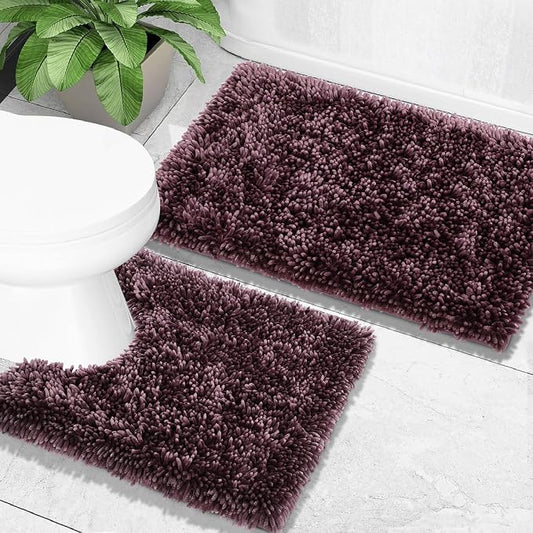 Yimobra Bathroom Rugs Sets 2 Piece, Soft Absorbent Bath Mat and U-Shaped Toilet Rug with Non Slip Backing, Luxury Shaggy Bath Mats for Bathroom, Machine Washable, 31.5"x20"+24"x20", Dark Purple