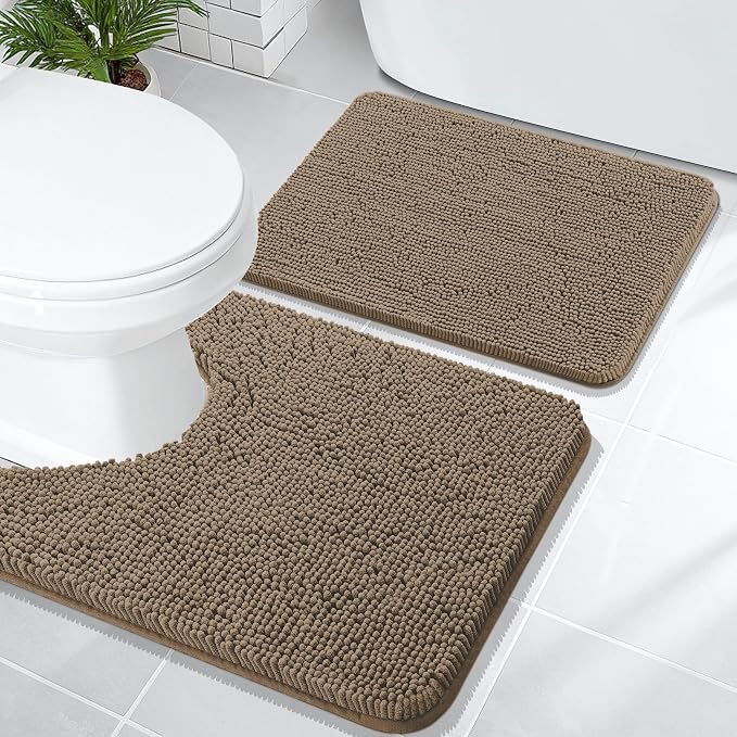 OLANLY Chenille Bathroom Rugs Mats Sets 2 Piece, 24"x16"+24"x20", Tan | Soft Absorbent Bath Mat and U-Shaped Contour Toilet Rug Set, Quick Dry, Machine Washable Bath Carpet, Home Decor Accessories
