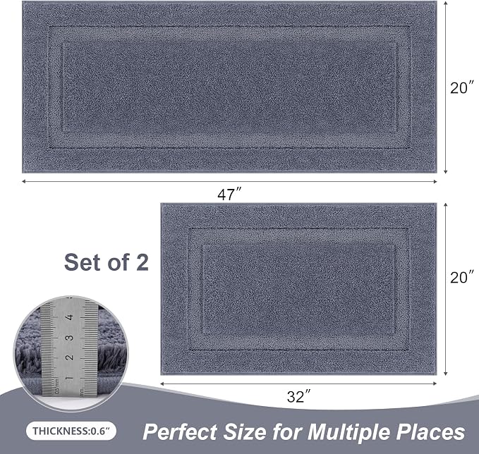 SHACOS Soft Microfiber Bathroom Rugs Set of 2 Pieces, Dark Grey | 47x20 + 32x20, Absorbent Plush Bath Rugs, Non Slip Washable Shaggy Bath Mats, Fluffy Bathroom Runner Floor Mats Shower Rug