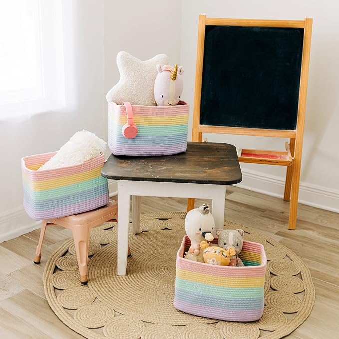 OrganiHaus Pastel Rainbow Cotton Rope Baskets for Shelves, Set of 3 - 15"×10"×9½" - Colorful Storage Baskets for Kids - Nursery, Playroom, Classroom - Toy Storage, Books, Towels