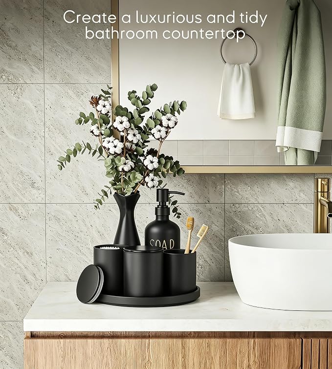 6Pcs Black Glass Bathroom Accessories Set with Tray, Bathroom Counter Set | Toothbrush Holder, Lotion Dispenser, Qtip Container, Vanity Tray, Tumbler- Elegant and Functional Décor Set