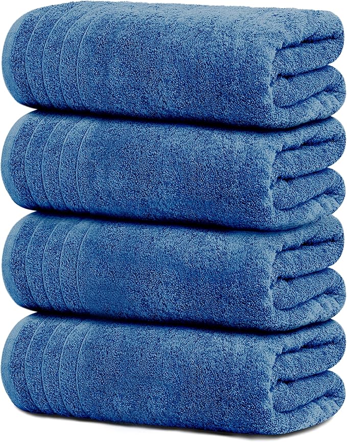 4 Piece Extra Large Bath Towels 30 x 60 Inches, Blue | 100% Cotton, Larger & Lighter Weight, Quicker to Dry, Super Soft and Absorbent, Perfect for Bathroom