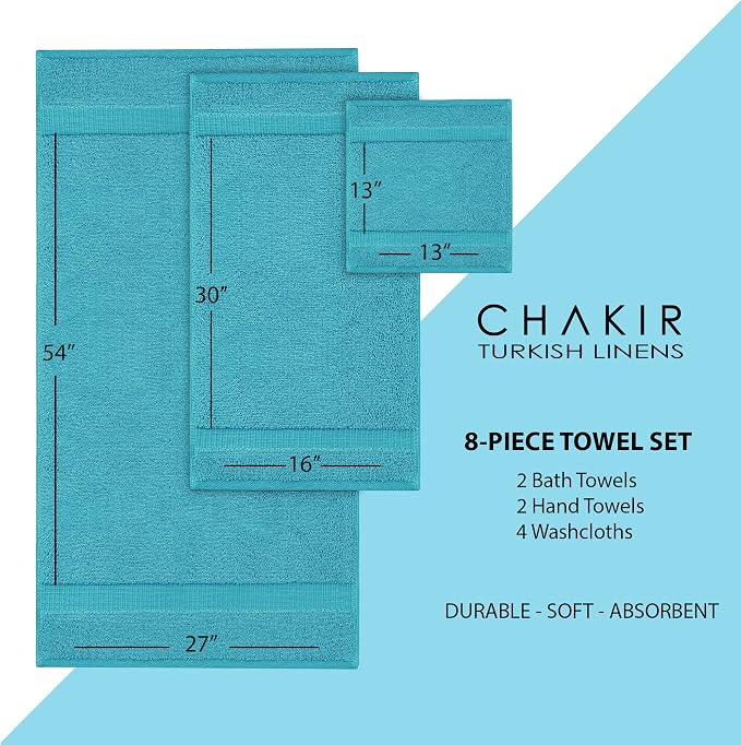 Chakir Turkish Linens 100% Cotton 8-Piece Towel Set, Aqua | 100% cotton 8-pc set, OEKO-TEX certified: 2 bath 27x54, 2 hand 16x30, 4 washcloths 13x13