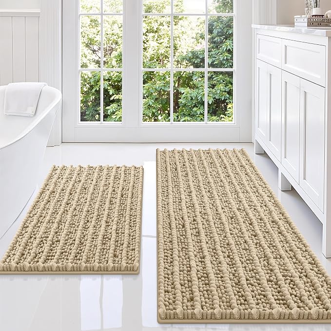 Smiry Bathroom Rugs Sets 2 Piece (47x20+24x16), Extra Soft Bath Mats | Beige Soft Absorbent, Rubber Backing Machine Washable Quick Dry Chenille Bath Rug Set for Tub, Shower, and Floor