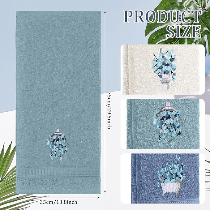 3 Pcs Blue Eucalyptus Leaves Hand Towels Botanical Bathroom Decor | Embroidered Eucalyptus Design, 100% Cotton, Farmhouse Bathroom Kitchen Decor, Absorbent Towels, Holiday Housewarming Gifts