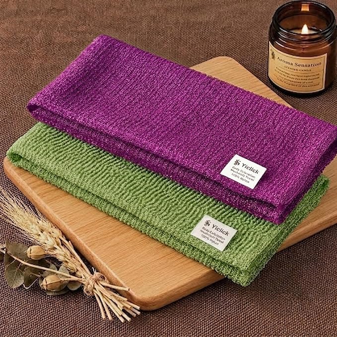 2PCS Exfoliating Washcloth Towel - Exfoliating Body Scrubber Exfoliator, Loofah Sponge Wash Cloth, Korean & Japanse & African Net Sponge Rag - Back Scrubber Washer (Olive Green+Deep Purple)