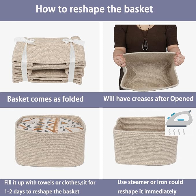 XUANGUO Rope storage Basket Bins Woven Basket for Organizing Shelves 15X10X9.3" Rectangle Decorative Baskets For storage Clothes Toys Books Towels Nursery basket organizer 3 pack Oatmeal
