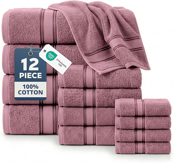 LANE LINEN Bath Towel Set 100% Cotton 12 Piece Soft - Wishful Mauve | Cotton Towel Set - Densely Woven, Coordinated Colors, Dobby Border Accent, OEKO-TEX Certified, Zero-Twist Durability