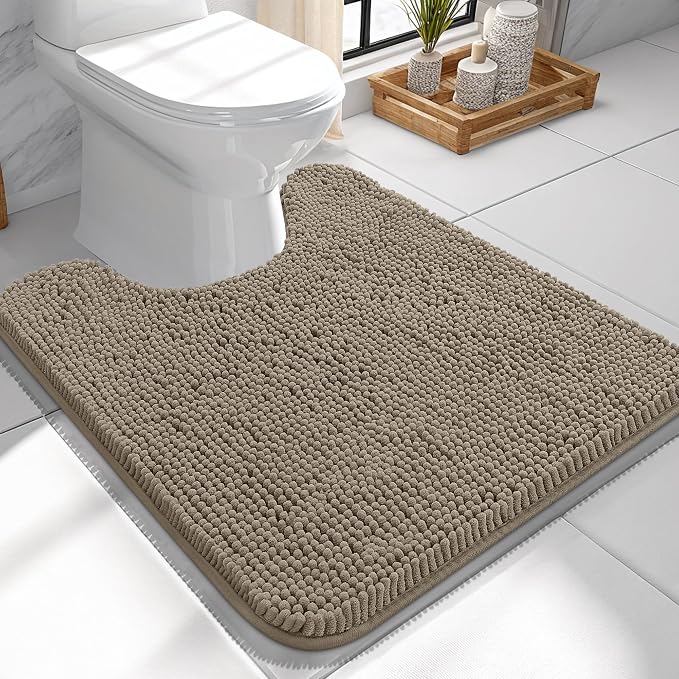 OLANLY Toilet Rugs U-Shaped 24x24, Soft Absorbent Chenille Contour Rugs | Warm Taupe, Quick-Drying Rubber Backing, Machine Washable Non-Slip Shaggy Bathroom Mat for Toilet, Home Decor Accessories